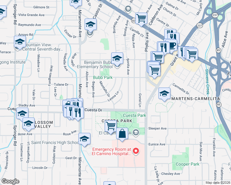 map of restaurants, bars, coffee shops, grocery stores, and more near 636 Leona Lane in Mountain View