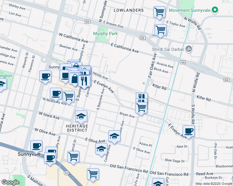 map of restaurants, bars, coffee shops, grocery stores, and more near 467 East Washington Avenue in Sunnyvale