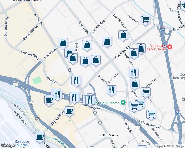 map of restaurants, bars, coffee shops, grocery stores, and more near 55 East Brokaw Road in San Jose