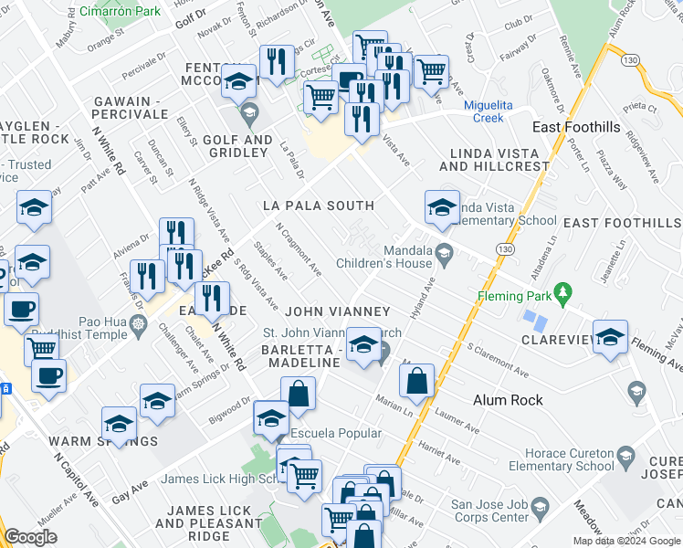 map of restaurants, bars, coffee shops, grocery stores, and more near 221 North Claremont Avenue in San Jose