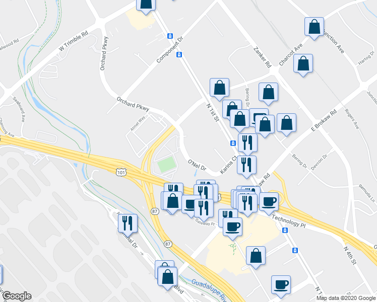 map of restaurants, bars, coffee shops, grocery stores, and more near 2180 O'Nel Drive in San Jose