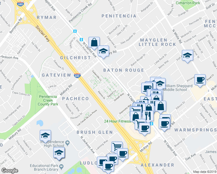 map of restaurants, bars, coffee shops, grocery stores, and more near 2504 Baton Rouge Drive in San Jose