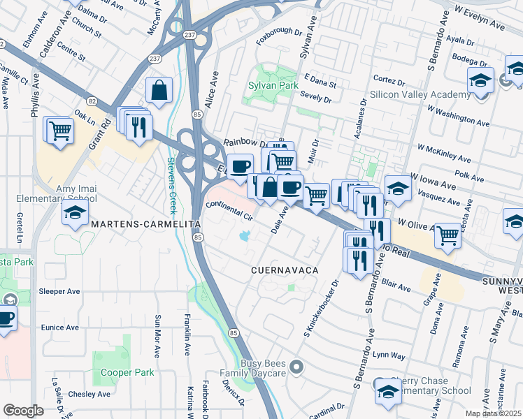 map of restaurants, bars, coffee shops, grocery stores, and more near 703 East El Camino Real in Mountain View