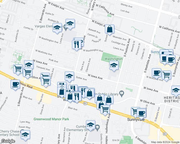 map of restaurants, bars, coffee shops, grocery stores, and more near 391 Dennis Avenue in Sunnyvale