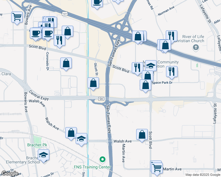 map of restaurants, bars, coffee shops, grocery stores, and more near 2200 Lawson Lane in Santa Clara