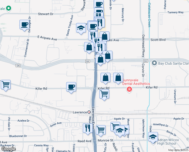 map of restaurants, bars, coffee shops, grocery stores, and more near 3002 Lawrence Expressway in Santa Clara