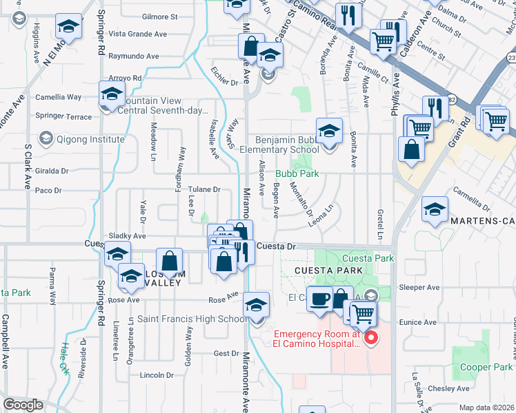map of restaurants, bars, coffee shops, grocery stores, and more near 1654 Alison Avenue in Mountain View