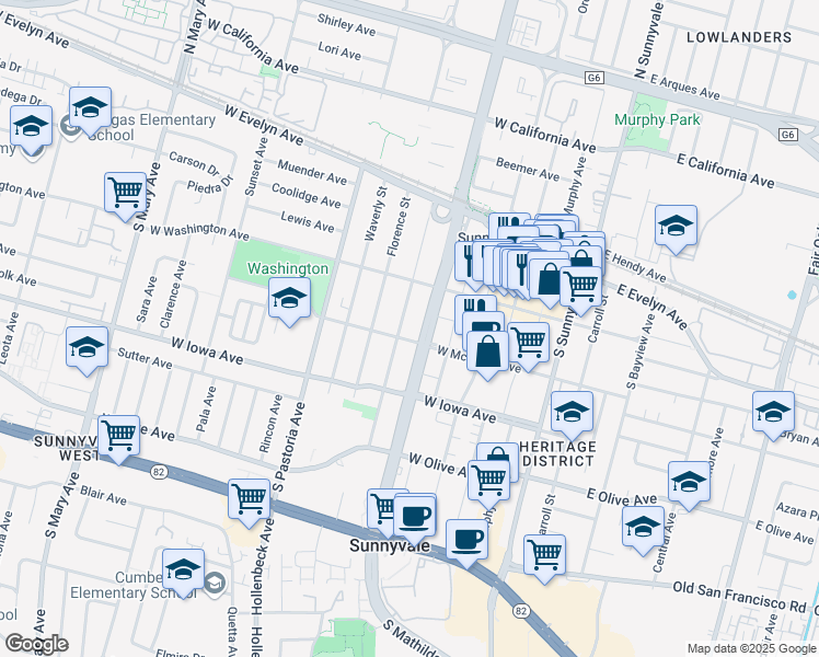 map of restaurants, bars, coffee shops, grocery stores, and more near 475 W McKinley Ave in Sunnyvale