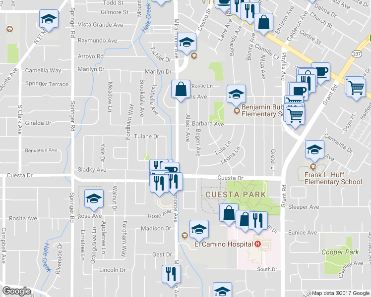 map of restaurants, bars, coffee shops, grocery stores, and more near 1654 Alison Avenue in Mountain View