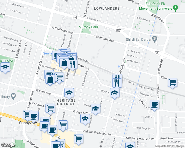 map of restaurants, bars, coffee shops, grocery stores, and more near 420 East Evelyn Avenue in Sunnyvale