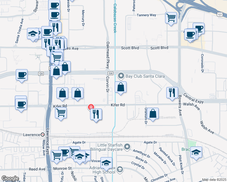 map of restaurants, bars, coffee shops, grocery stores, and more near 2991 Corvin Drive in Santa Clara