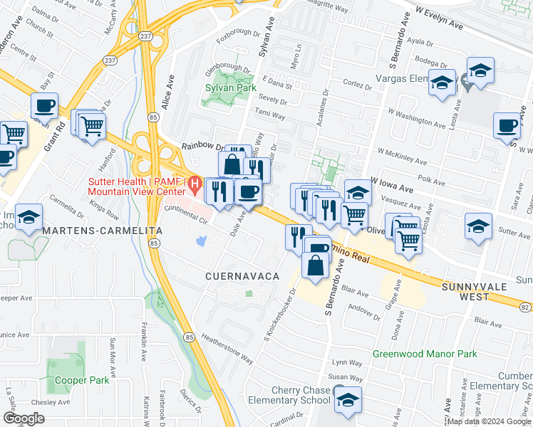map of restaurants, bars, coffee shops, grocery stores, and more near 861 California 82 in Mountain View