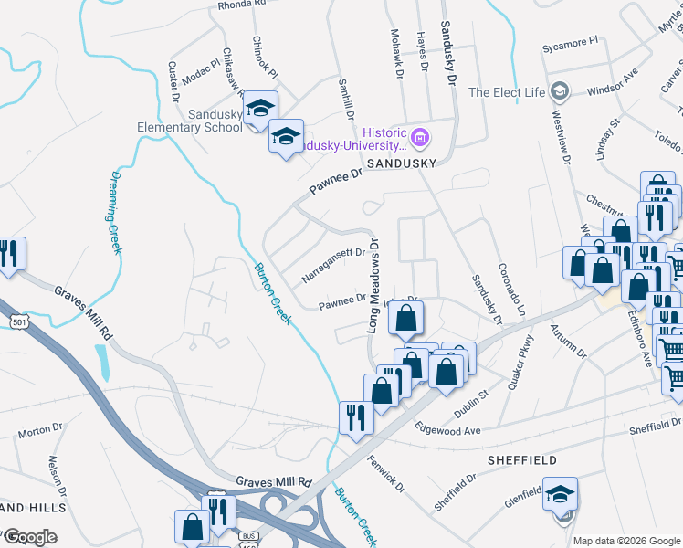 map of restaurants, bars, coffee shops, grocery stores, and more near 105 Morris Lane in Lynchburg