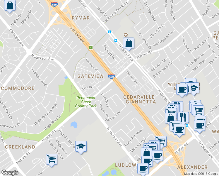 map of restaurants, bars, coffee shops, grocery stores, and more near 2391 Ohara Court in San Jose