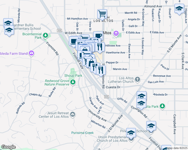 map of restaurants, bars, coffee shops, grocery stores, and more near 425 1st Street in Los Altos
