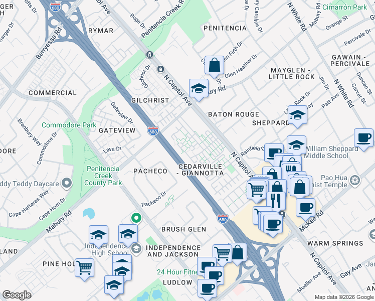 map of restaurants, bars, coffee shops, grocery stores, and more near 2474 Clear Spring Court in San Jose