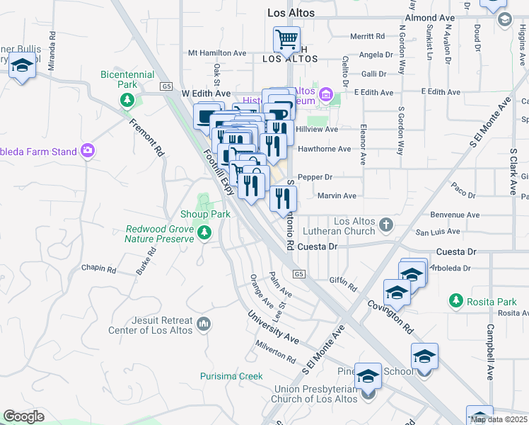 map of restaurants, bars, coffee shops, grocery stores, and more near 382 1st Street in Los Altos