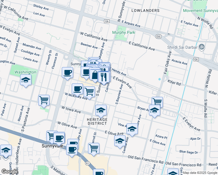 map of restaurants, bars, coffee shops, grocery stores, and more near 319 East Washington Avenue in Sunnyvale