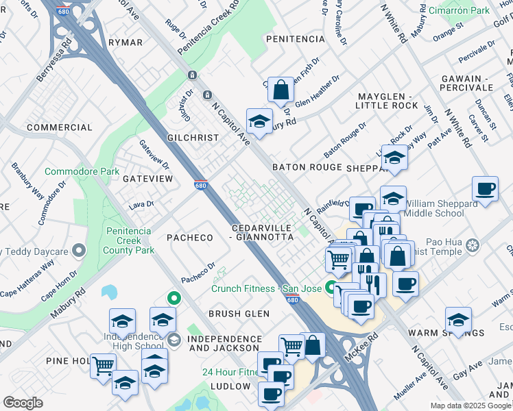 map of restaurants, bars, coffee shops, grocery stores, and more near 2482 Baton Rouge Drive in San Jose