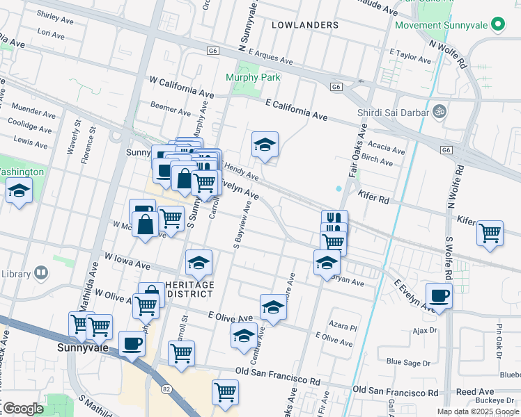 map of restaurants, bars, coffee shops, grocery stores, and more near 420 East Evelyn Avenue in Sunnyvale