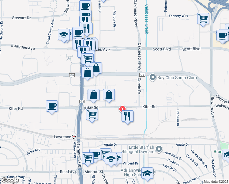 map of restaurants, bars, coffee shops, grocery stores, and more near 3370 Eichers Place in Santa Clara