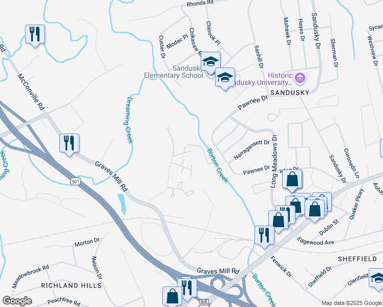 map of restaurants, bars, coffee shops, grocery stores, and more near 725 Mill Stream Lane in Lynchburg