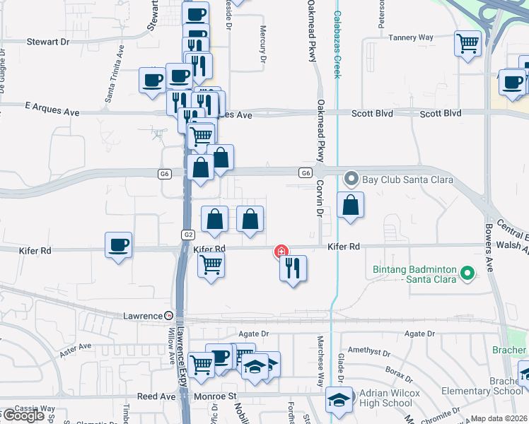 map of restaurants, bars, coffee shops, grocery stores, and more near 2940 Lamory Place in Santa Clara