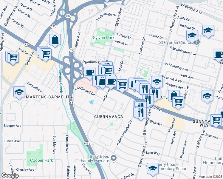 map of restaurants, bars, coffee shops, grocery stores, and more near 805 East El Camino Real in Mountain View