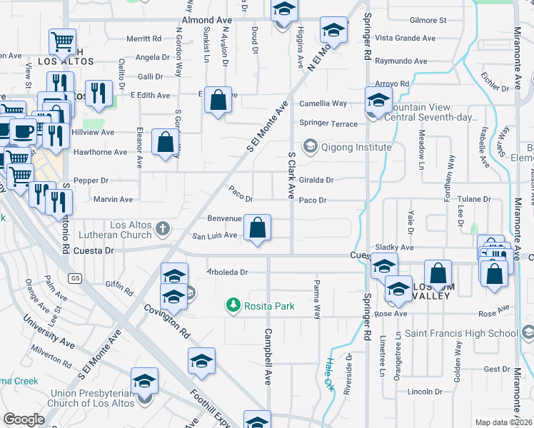 map of restaurants, bars, coffee shops, grocery stores, and more near 531 Benvenue Avenue in Los Altos