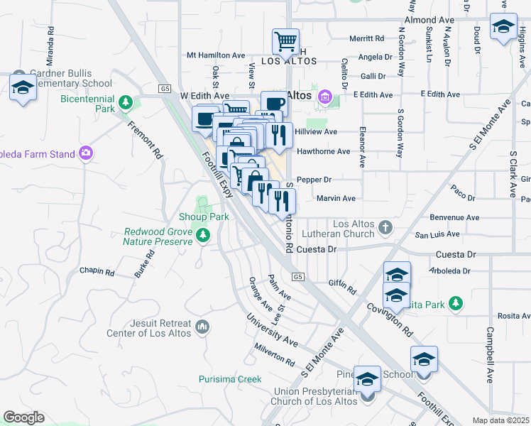 map of restaurants, bars, coffee shops, grocery stores, and more near 394 2nd Street in Los Altos