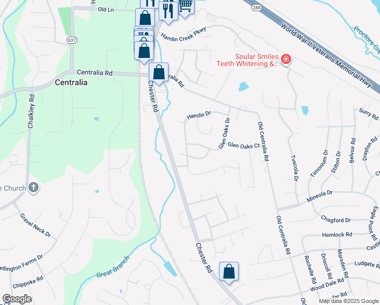 map of restaurants, bars, coffee shops, grocery stores, and more near 10607 Hamlin Drive in Chester