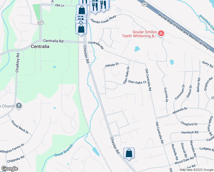 map of restaurants, bars, coffee shops, grocery stores, and more near 10607 Hamlin Drive in Chester