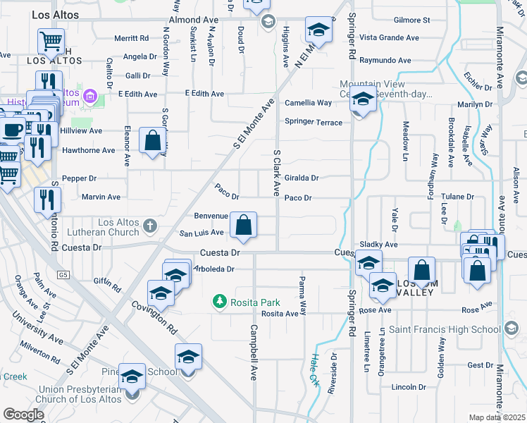 map of restaurants, bars, coffee shops, grocery stores, and more near 531 Benvenue Avenue in Los Altos