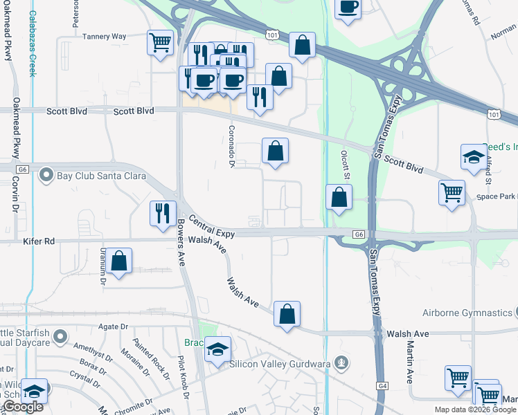 map of restaurants, bars, coffee shops, grocery stores, and more near 2970 Coronado Drive in Santa Clara