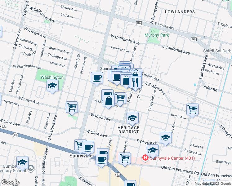 map of restaurants, bars, coffee shops, grocery stores, and more near 200 West Washington Avenue in Sunnyvale