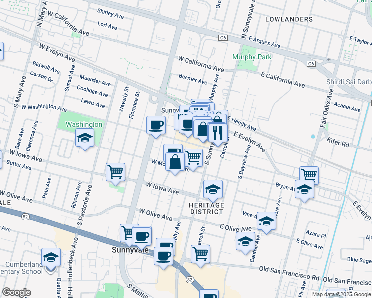 map of restaurants, bars, coffee shops, grocery stores, and more near 200 West Washington Avenue in Sunnyvale