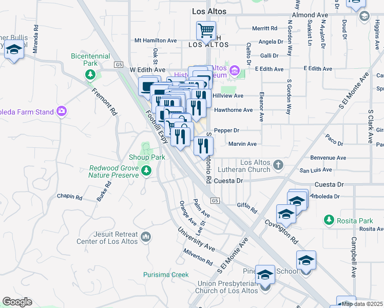 map of restaurants, bars, coffee shops, grocery stores, and more near 394 2nd Street in Los Altos