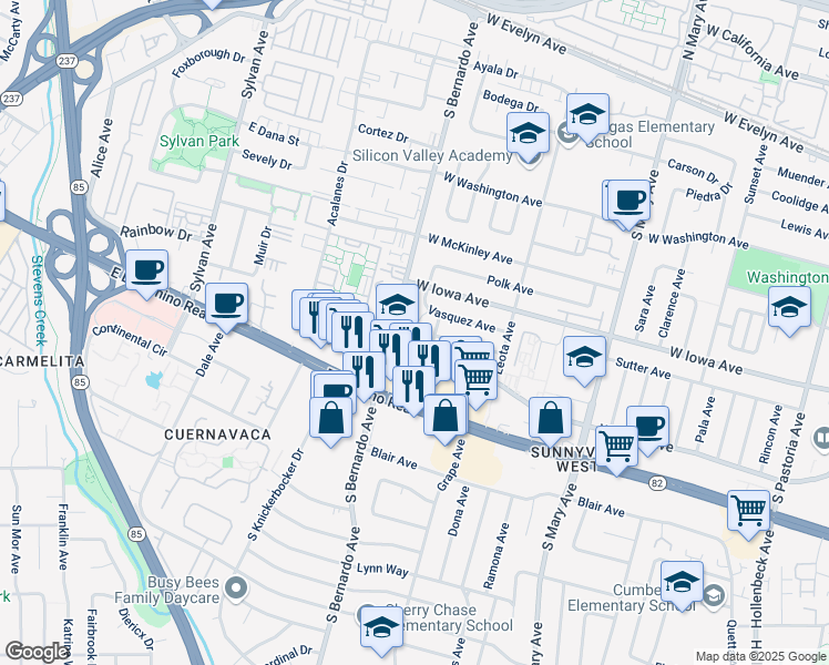 map of restaurants, bars, coffee shops, grocery stores, and more near 448 Vasquez Avenue in Sunnyvale