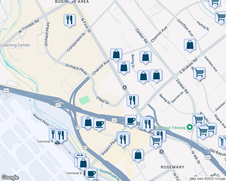 map of restaurants, bars, coffee shops, grocery stores, and more near 2121 North 1st Street in San Jose