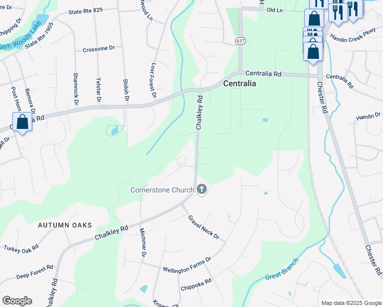map of restaurants, bars, coffee shops, grocery stores, and more near 10500 Chalkley Road in Richmond