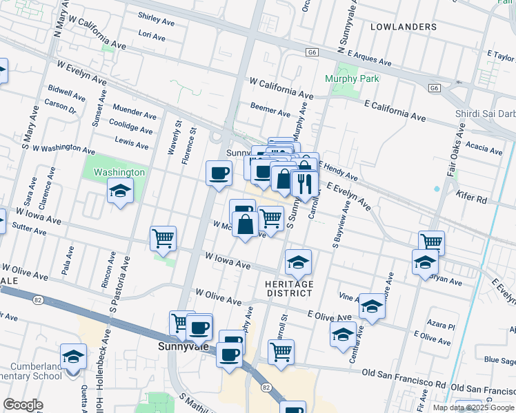 map of restaurants, bars, coffee shops, grocery stores, and more near 200 West Washington Avenue in Sunnyvale