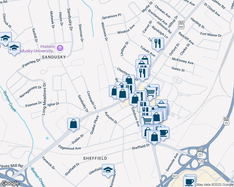 map of restaurants, bars, coffee shops, grocery stores, and more near 1220 Moseley Drive in Lynchburg