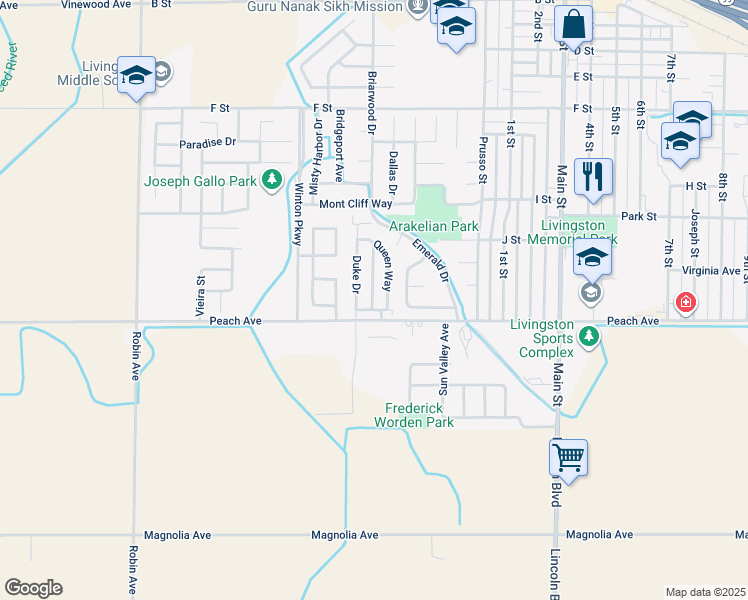 map of restaurants, bars, coffee shops, grocery stores, and more near 1557 Monte Cristo Way in Livingston