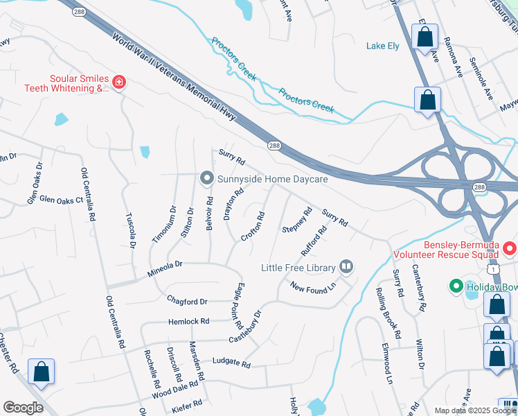map of restaurants, bars, coffee shops, grocery stores, and more near 10900 Crofton Road in Chester