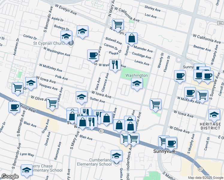 map of restaurants, bars, coffee shops, grocery stores, and more near 391 Dennis Avenue in Sunnyvale