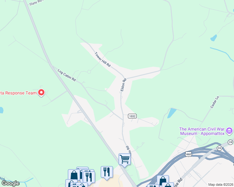 map of restaurants, bars, coffee shops, grocery stores, and more near 305 Eldon Road in Appomattox