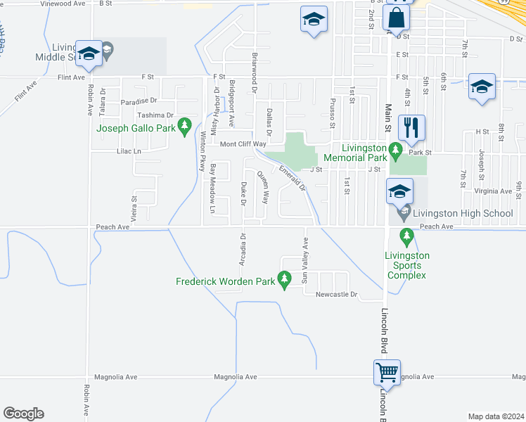 map of restaurants, bars, coffee shops, grocery stores, and more near 1565 Queen Way in Livingston