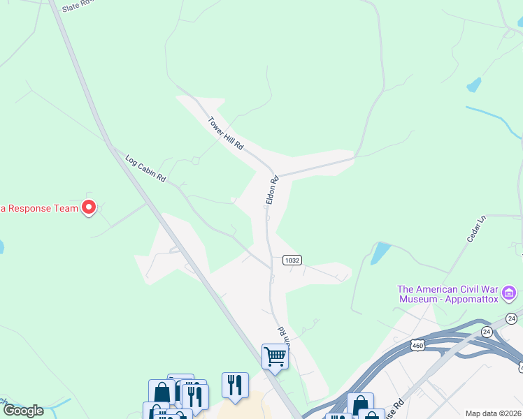 map of restaurants, bars, coffee shops, grocery stores, and more near 305 Eldon Road in Appomattox