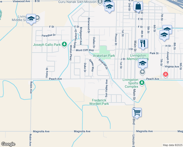 map of restaurants, bars, coffee shops, grocery stores, and more near 1565 Queen Way in Livingston