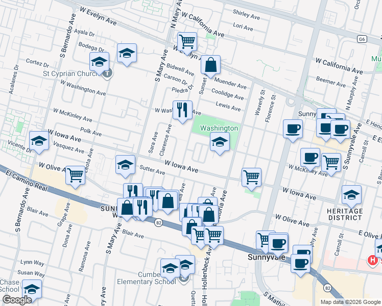 map of restaurants, bars, coffee shops, grocery stores, and more near 373 Redondo Terrace in Sunnyvale